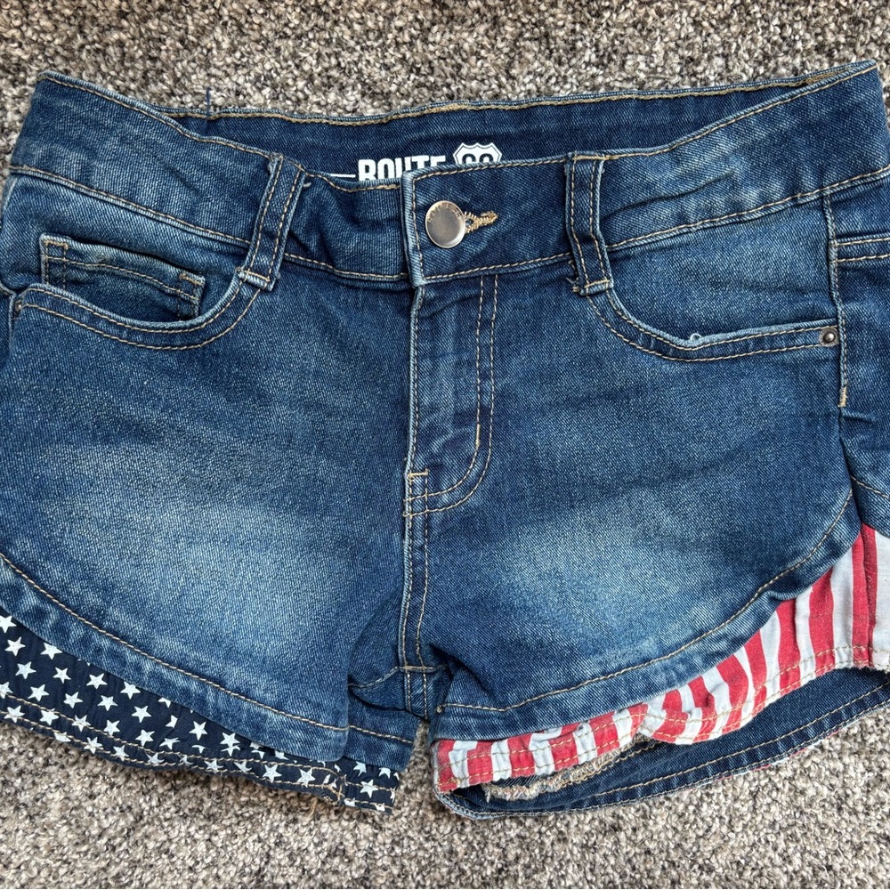 Route 66 Blue and Red Jean Shorts with Patriotic Design